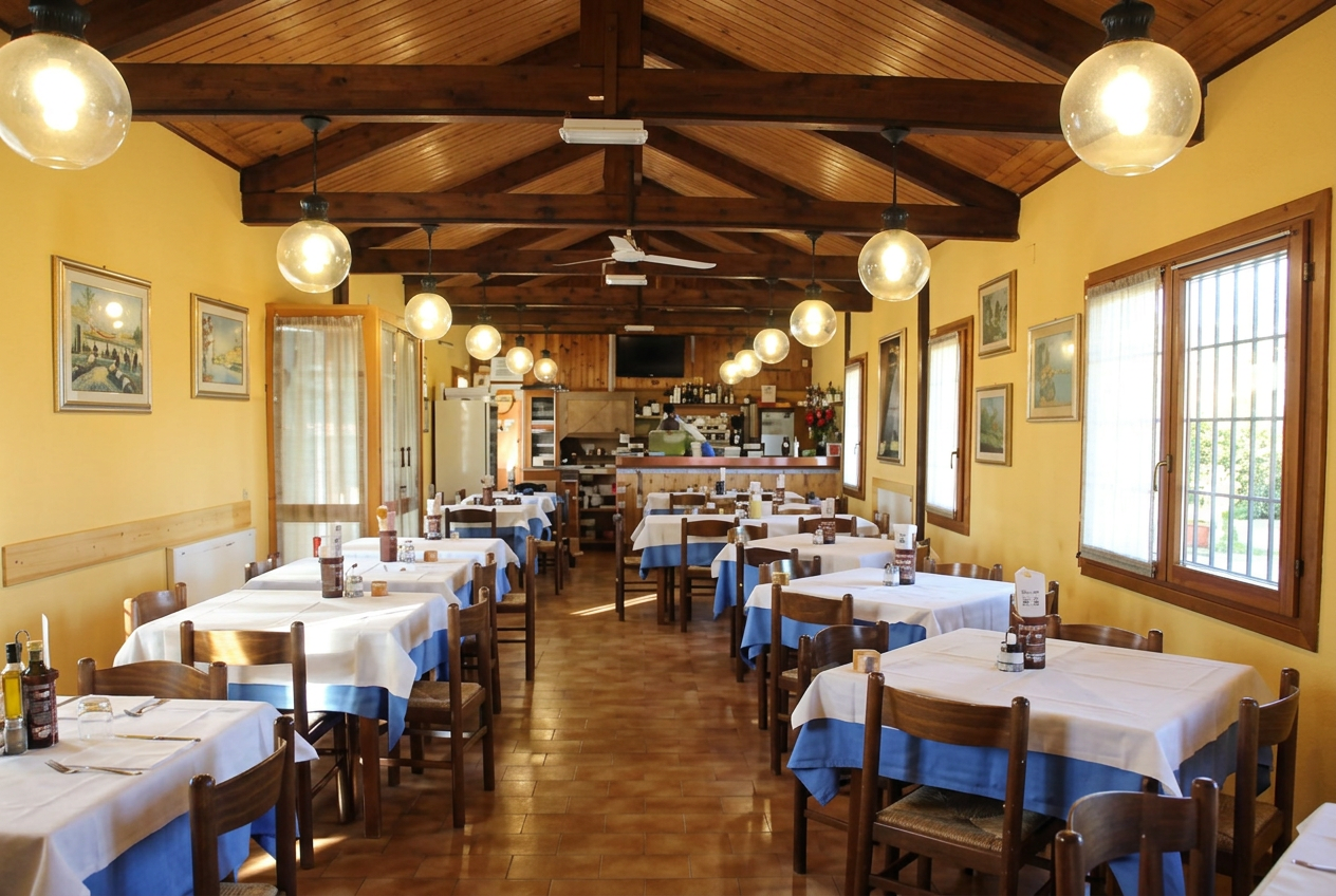 La sala del Ristorante La Baracca con il soffitto in legno e i tavoli apparecchiati